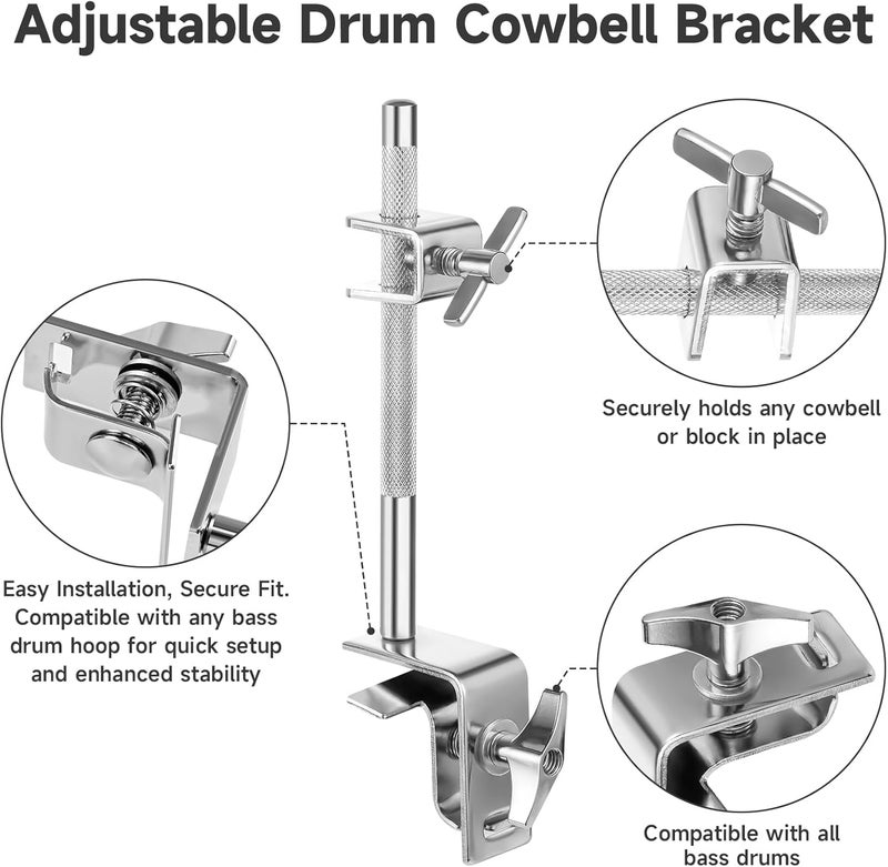 BALLMENT 6 Inch Cowbell and Cowbell Clamp, Cowbell Holder Percussion Accessory for Drum Sets, Adjustable Standard Cowbell Mount Holder, Bass Drum Hoop Up or Down Drum Key - Image 4